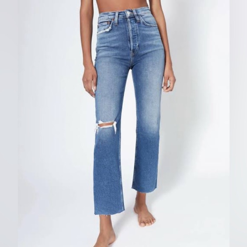 Re/Done 70s Ultra High Rise Stove Pipe Jeans in Vintage Indigo Destroy